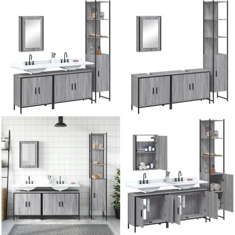 4-tlg. Badmöbel-Set Grau Sonoma Holzwerkstoff - Spiegelschrank - Waschbeckenunterstuhl (1/5)