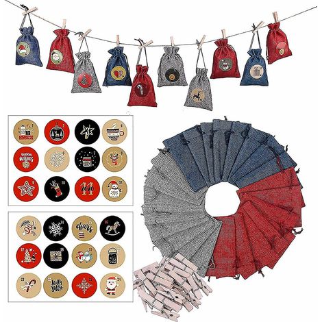 Lot de 24 sacs de Noël en toile de jute avec cordon de serrage, motifs de Noël, sacs à bonbons avec pinces (1/5)