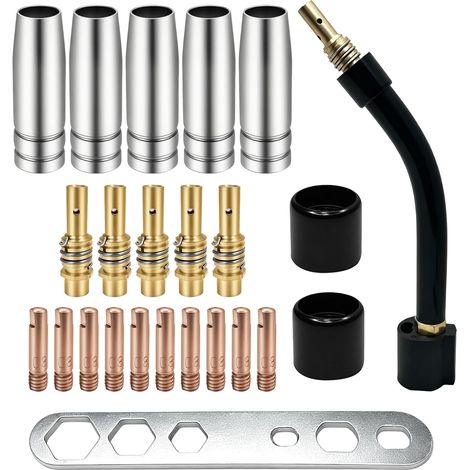 24 Embouts de Contact de Buse de Soudage, Accessoires Torche Soudage Consommables MIG/MAG MB15 15AK Contient 5 buses, 5 bielles, 10 buses conductrices, 1 coude, 2 isolants, 1 clé (1/5)