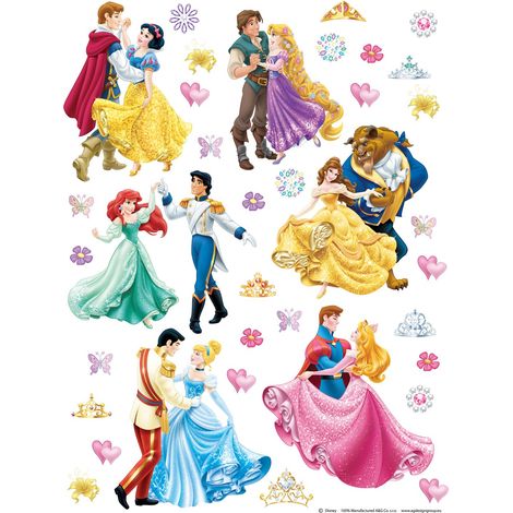 sticker mural Princesses jaune, rose, violet et bleu  - Disney (1/2)