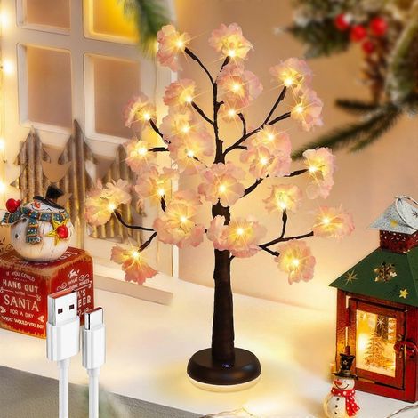Lámpara LED con forma de árbol de cerezo en flor, 24 luces blancas cálidas, funciona con USB o pilas, decoración de mesa, 56 cm (1/4)