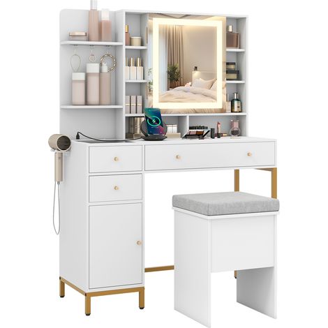 COSTWAY Makeup Vanity Desk Dressing Table & Stool Set with Lighted Mirror-White (1/5)