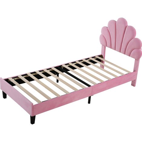 Cama individual tapizada de 90 x 200 cm, cabecero de terciopelo floral, estructura de cama con somier, ideal para adolescentes y adultos (rosa). (1/5)