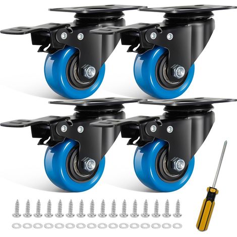 Kit de 4 Roulettes Pivotantes Bleues 50mm avec Frein Jusqu'à 300KG Rotation à 360 Degrés sans Bruit Roulettes à Plaque Industrielles avec Vis - Roulettes pour Meubles, Chariots et Établis (1/5)
