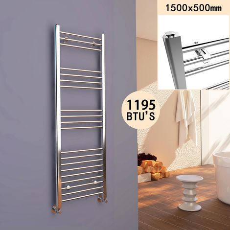 ELEGANT 1500 x 500 mm Chrome Efficient Rads Modern Towel Rail Radiator Bathroom Heated + Chrome Thermostatic Radiator Valves (1/5)