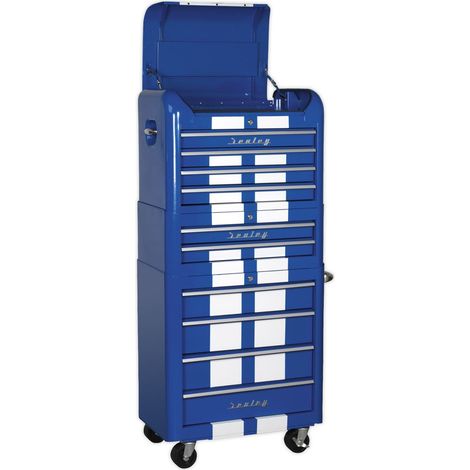 Sealey Premier&trade Retro Style Topchest, Mid-Box Tool Chest & Rollcab Combination 10 Drawer - Blue with White Stripes AP28COMBO2BWS