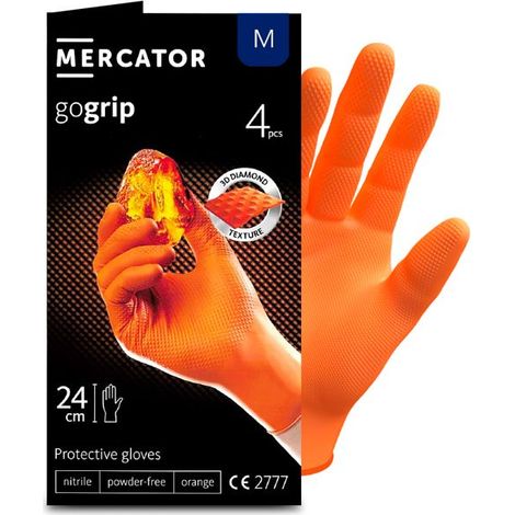 Guantes de nitrilo Mercator GoGrip color naranja, 4 unidades, talla M