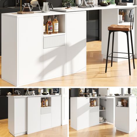 Table de bar pivotante 360° blanc moderne 210x30x100.9 cm avec rangement et plan marbre (1/5)