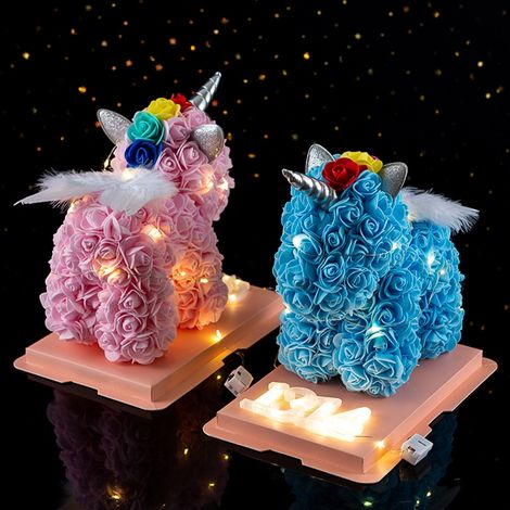 1 Stück rosa PE-Einhorn-Imitat-Ewigblume, Weihnachts-/Valentinstagsgeschenk (in Box), Standardrot mit Beleuchtung, 23 x 23 x 14 cm (1/5)