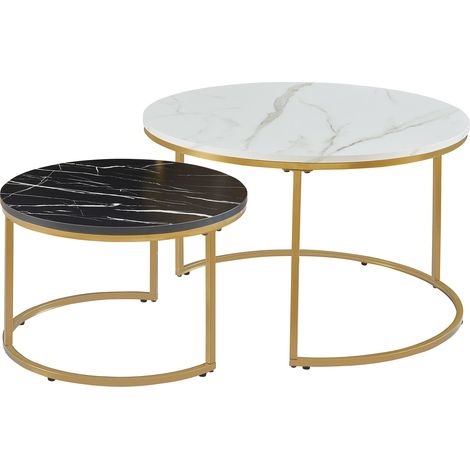 Set de 2 tables basses rondes gigognes effet marbre blanc noir doré