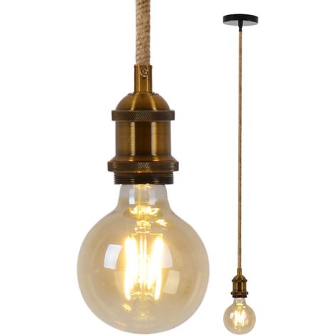 Suspension Industrielle en Corde de Chanvre et Métal Laiton Vieilli, Lustre Décoratif E27 - PANGIVO (1/5)