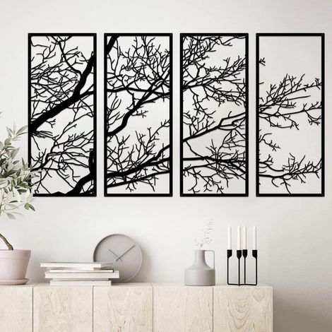 Decorazione murale in metallo Albero della Vita: Bellissima decorazione murale per interni ed esterni, 4 pezzi, metallo nero, piccola (1/5)