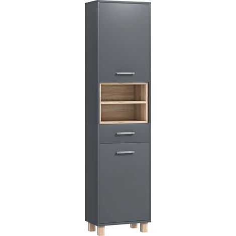 Colonne de rangement salle de bain grise, meuble avec 2 portes, tiroir et 2 étagères ouvertes, armoire de toilette pratique. (1/5)