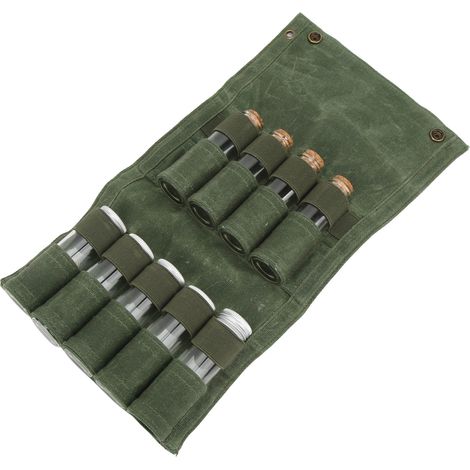 Faltbarer und tragbarer Gewürzbeutel mit 9 Fläschchen, ideal für Camping, Grillabende und Picknicks (grün). (1/5)