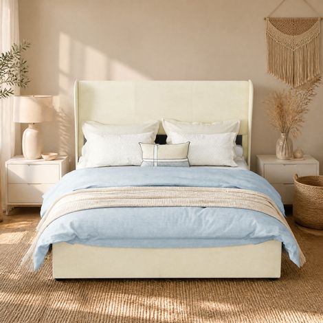 DESMIU Lit adulte 140 × 200 cm 2 places avec tête de lit, sans matelas en tissu et métal beige (1/3)