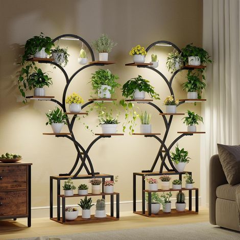 Étagère à Plantes avec Lampe, Étagère à 10 Niveaux et bois avec 3 LED, Idéale pour le Salon, l'intérieur, l'extérieur, le Jardin et le Balcon, 168 cm (Noir, 2er Set) (1/5)