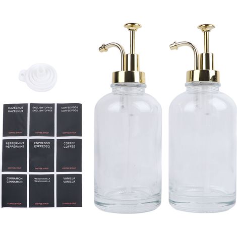 2 Pièces Distributeurs de Sirop à Café en Verre Transparent avec Pompe, Accessoire Bar - 500ml, Entonnoir en Silicone et 9 Étiquettes Dorées (1/5)
