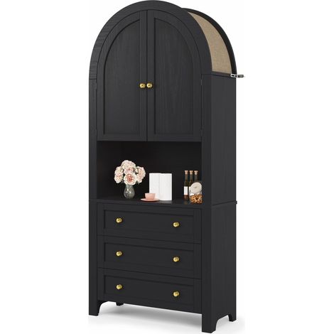 Mobile Contenitore Alto ad Arco 70x35x180 cm, Ante Imbottite, Chiusura Ammortizzata, MDF Nero, per Soggiorno