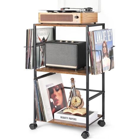 Rangement de disques vinyle, table d'appoint roulante avec support pour joueur, grande table d'appoint chariot jusqu'à 150 albums, support de plateau tournant avec 2 présentoirs (1/5)