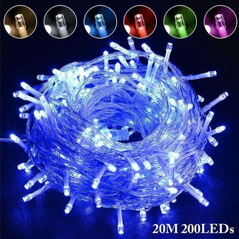 1 Guirlande lumineuse, 200 LEDs, 20M, Bleu, 8 modes, IP44, Intérieur Extérieur, Noël Mariage Fête