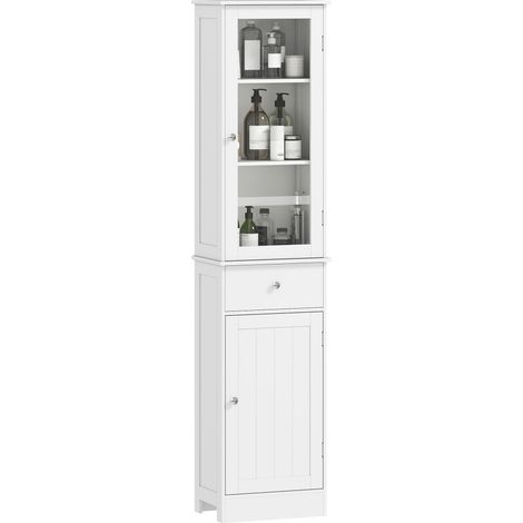 Colonne de salle de bain gain de place avec placard, tiroir et étagères en MDF, 40 x 27 x 171,5 cm, blanche (1/5)