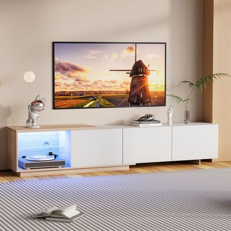 Meuble TV Blanc avec Éclairage LED à Capteur, avec 3 Tiroirs et Rangement Ouvert, Bas de Télévision Moderne en Blanc et Style Bois, 180 x 50 x 38 cm