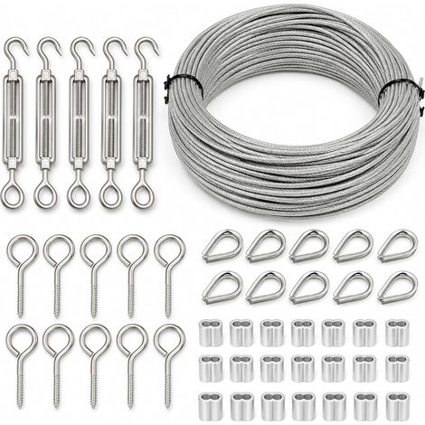 Câble en acier avec œillets, câble métallique 30 m 1.5 mm gainé, kit avec tendeur de câble, ridoir et tendeur en acier inoxydable, câble avec œillets, kit de tension pour corde à linge à (1/5)