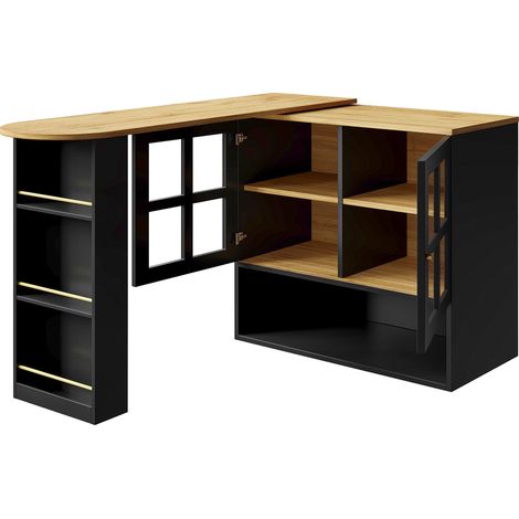 Aparador giratorio 360° con estantes y puertas de vidrio, MDF negro, 138-204 x 39 x 102,5 cm (1/5)