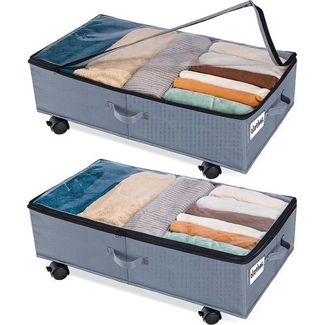Coffre de rangement sous lit à roulettes, en tissu Oxford, grande capacité, pliable, noir et gris, lot de 2 avec couvercle transparent (1/5)