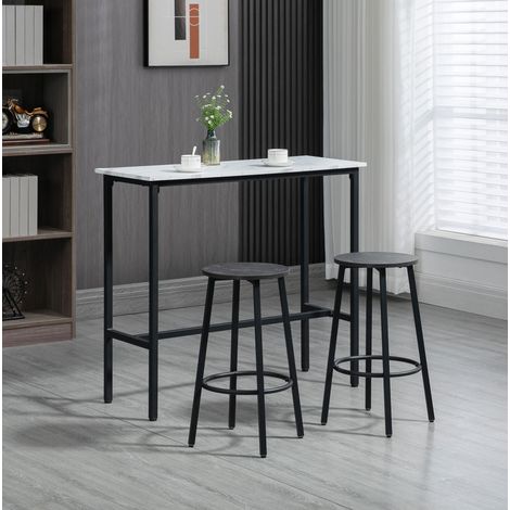 MEUBLIV Table haute 100x40 cm blanc avec 2 tabourets – plateau effet marbre, sans matelas (1/5)