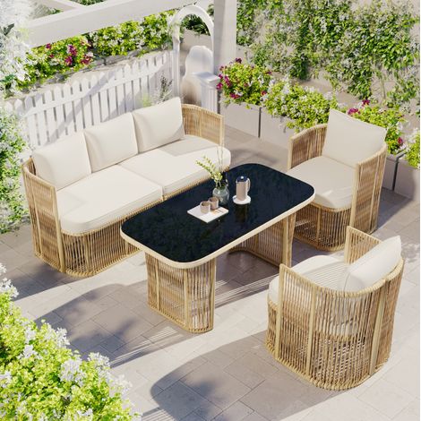 Set di mobili da giardino 4 pezzi in PE rattan nero con cuscini beige, struttura in metallo e tavolo in vetro temperato (1/5)