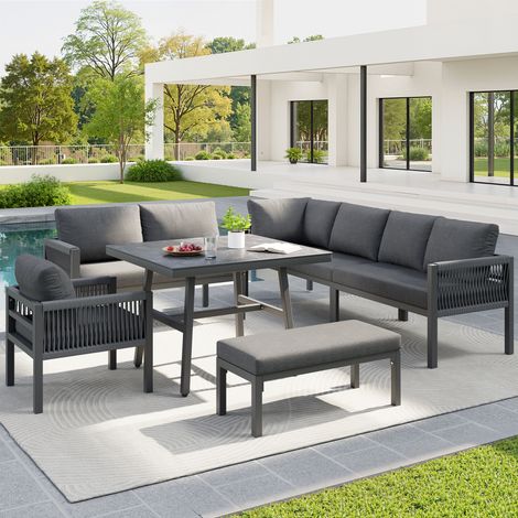 Canapé de jardin d'angle en L tissé à la main pour 8 personnes maximum - Structure robuste en fer avec coussins gris, 1 table plateau marbre et verre et 2 fauteuils ensemble de jardin résistant aux in