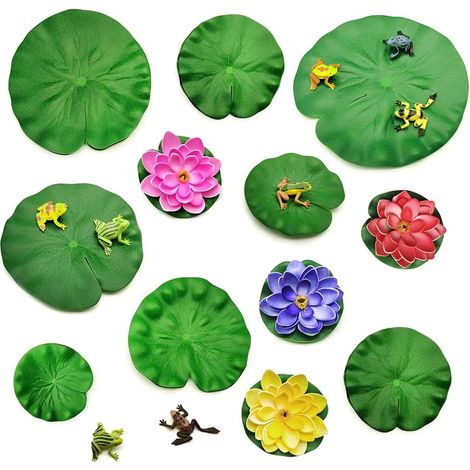 Nénuphars Artificiels - Lot de 24 Pièces - Mousse et Plastique - Fleurs Flottantes avec Grenouilles - Décoration Étang Jardin Aquarium - Multicolore (1/5)