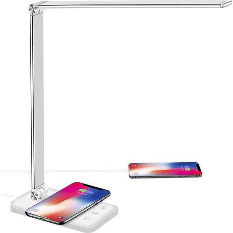 Lampe de bureau LED 10 W avec chargement sans fil et port USB, lampe de table Bienser avec 10 niveaux de luminosité et 5 couleurs, éclairage LED à intensité variable pour un confort visuel optimal. (1/5)