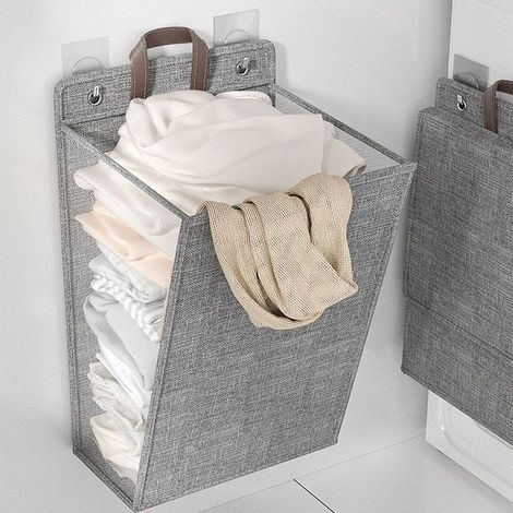Panier à linge mural pliable Shipenophy gris - Grande capacité, fixation par crochet, gain de place (1/5)