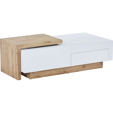 Vente-Unique – Table basse relevable extensible en MDF – 1 tiroir coulissant et 1 niche – Longueur 178 cm – Finition laquée blanc et naturel