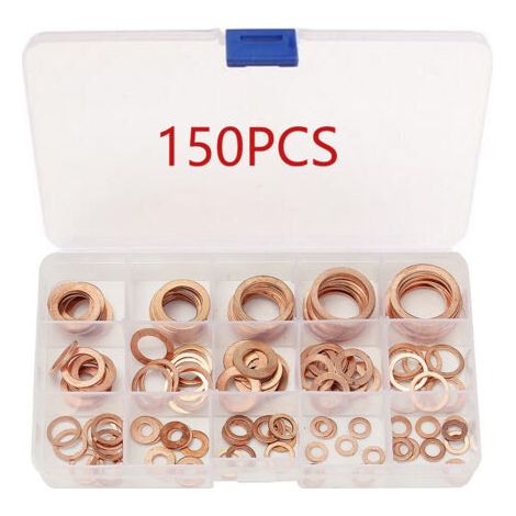 royaluxe-150pcs Rondelle Cuivre Joint Vidange Assortiment Kit M5, M6, M8, M10, M12, M14,M16,M18,M20,M22, 15 Tailles,Rondelle Plate pour L'étanchéité des Vis Bagues D'étanchéité
