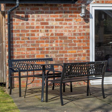 Outdoor 4 Person Rectangular Glass Top Garden Dining Table and 2 Benches Set (1/5)
