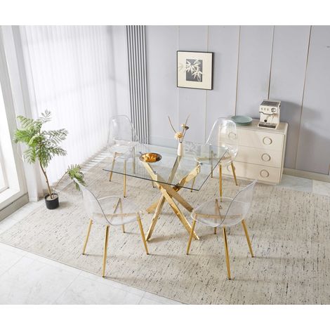 Set da pranzo con 1 tavolo e 4 sedie in metallo e velluto dorato, schienale alto ergonomico (1/5)