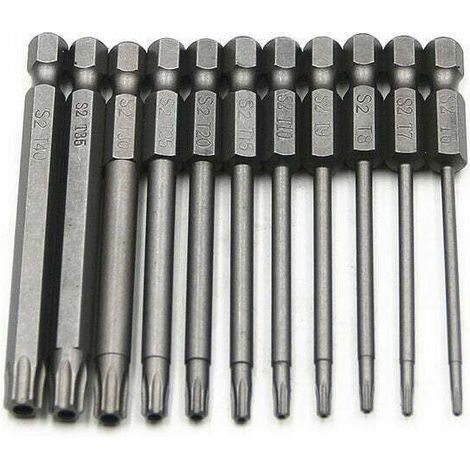 Jeu de 11 embouts longs Torx pour tournevis et visseuse électrique - Embouts magnétiques - Tige hexagonale de 1/4 - Tailles T6 à T40 - Longueur 100 mm (1/4)
