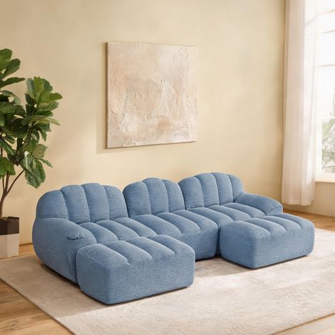 Sofa modulaire en U avec 2 poufs tissu granulé bleu coloris bleu (1/5)