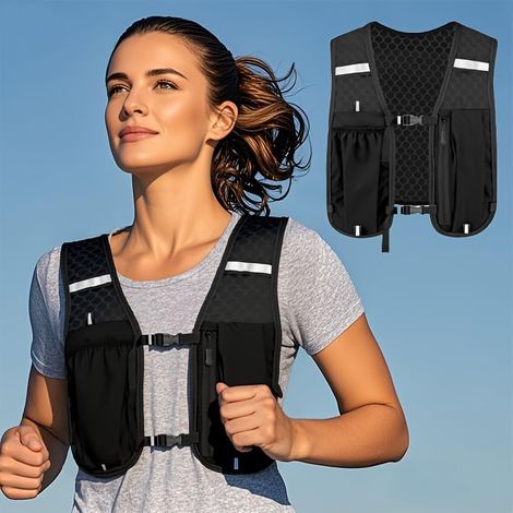 Gilet de running léger avec poche pour téléphone - Bretelles ajustables, poche zippée, dos en mesh respirant, idéal pour la course, la randonnée et la salle de sport - Noir