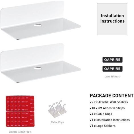 NALOOKAMIC Étagère murale blanche lot de 2 – Acrylique 22,9cm sans perçage – 4 clips de câble inclus – Pour chambre, salle de bains, cuisine, salon, bureau (1/4)