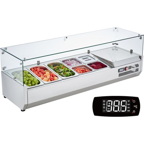 VEVOR Estación de Preparación de Condimentos Refrigerada, Estación de Condimentos Refrigerada para Encimera de 150 W, Cuerpo Inoxidable, Mesa de Preparación con Protector de Vidrio 1305 x 404 x 450 mm