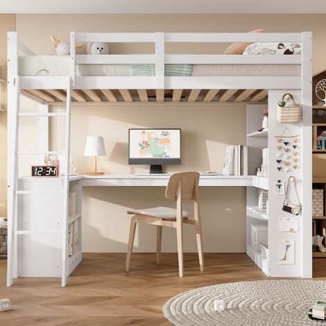 Letto a soppalco per bambini 90x200 cm bianco in legno con scrivania e ripiani - CHICFURN (1/5)