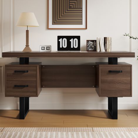135 x 54 cm einfacher Büroschreibtisch, MDF und hochwertiges Stahlrohr, geräuschlose Schublade, Ordnerschublade, spritzwassergeschützte, geräumige Schreibtischplatte, effiziente Aufbewahrung, braun (1/5)