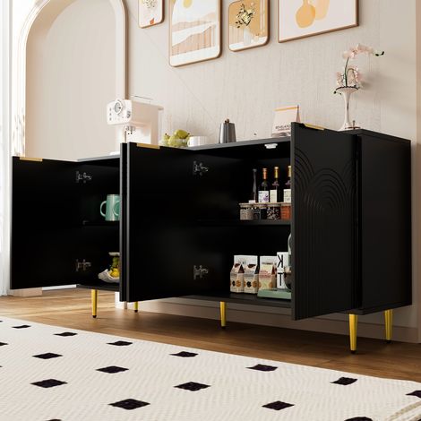 Buffet : salon,commode avec 4 portes,poignées brossées dorées et pieds de table très brillants,armoire de commode noire,mesure 160×80×40 cm (GO)