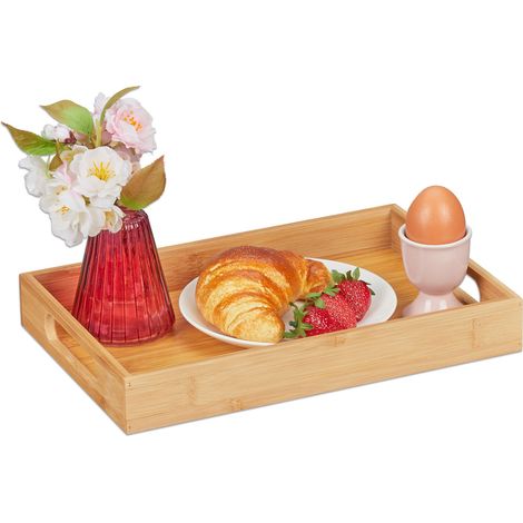 Relaxdays Bandeja Madera Bambú 4 x 30 x 20 cm, Bandeja Desayuno Cama, Asas, Borde Alto, Rectangular, Madera Natural