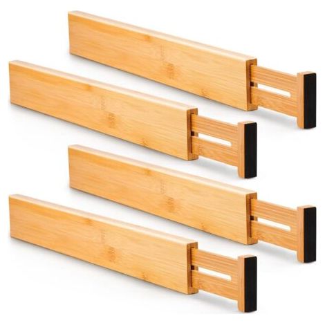 BUNTHAUS Bamboo Kitchen Drawer Dividers(4 pack), Large Adjustable Divider, Spring loaded Silverware and Utensils Organisation for Kitchen, Livingroom, Bedroom, Bathroom (1/5)