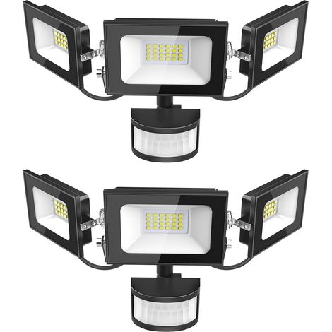 Projecteur LED Détecteur de Movement - 50W 5000LM Ultra Lumineux 3 Tête Spot LED Extérieur, IP65 Etanche Éclairage de Sécurité Extérieur PIR pour Cour Porche Jardin Garage, 2 Pack (1/5)